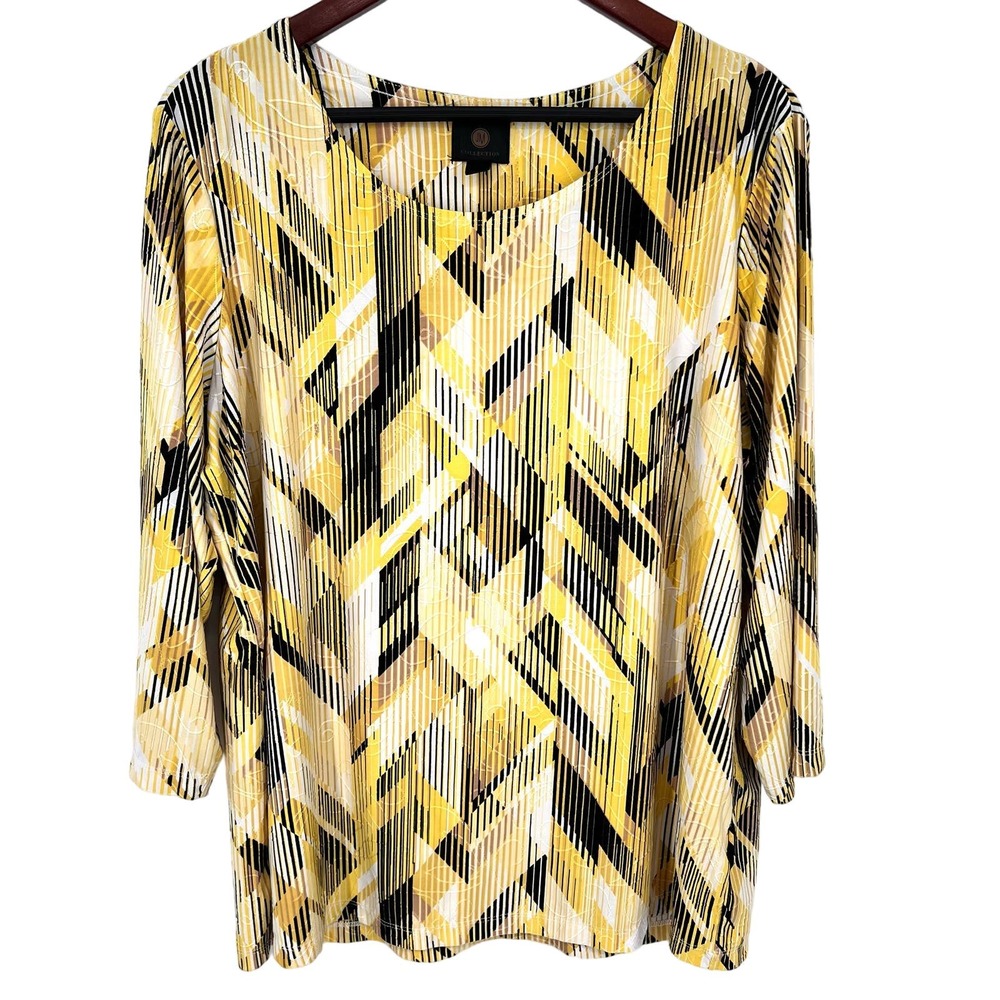 JM Collection 1X Yellow Stretchy 3/4 Sleeve Blouse Shirt Top